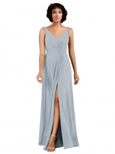 Soft Chiffon V-Neck Low Back Column Sea Glass Bridesmaid Dress Derby