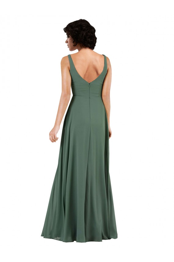 Soft Chiffon V-Neck Low Back Column Sea Glass Bridesmaid Dress Derby
