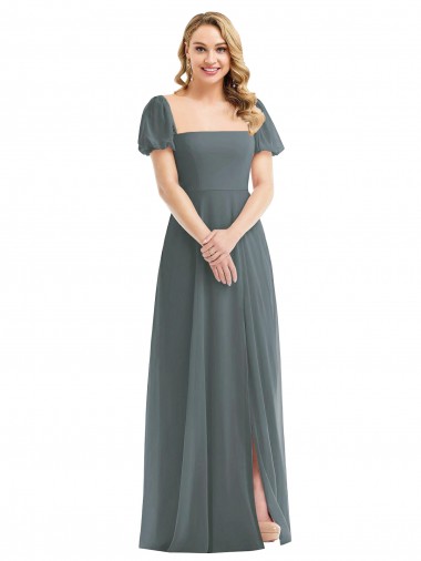 Soft Chiffon Square Neck A-Line Slate Grey Semi Formal Evening Dress / Bridesmaid Dress Derby