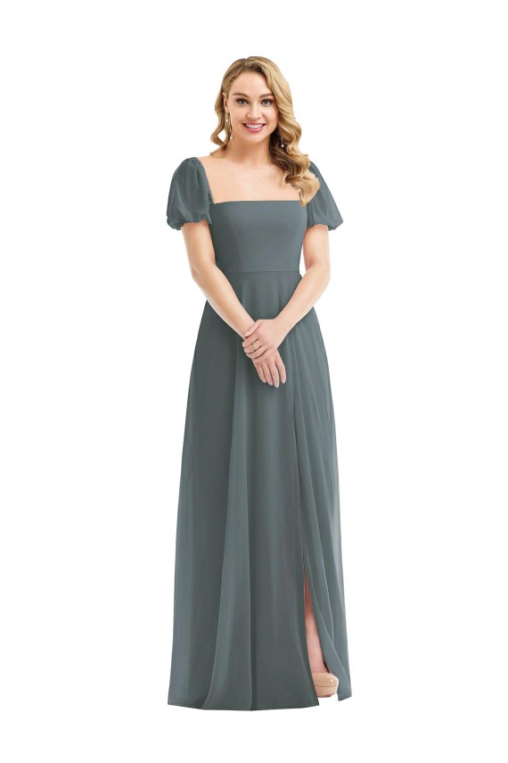 Soft Chiffon Square Neck A-Line Slate Grey Semi Formal Evening Dress / Bridesmaid Dress Derby