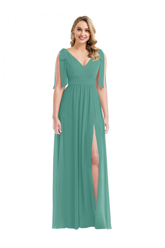 Soft Chiffon V-Neck V-Back A-Line Icelandic Silver Semi Formal Evening Dress / Bridesmaid Dress Derby