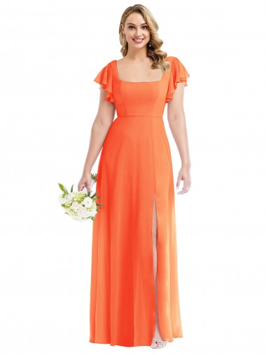 Soft Chiffon Square Neck Open Back A-Line Tangerine Tango Semi Formal Evening Dress / Bridesmaid Dress Derby