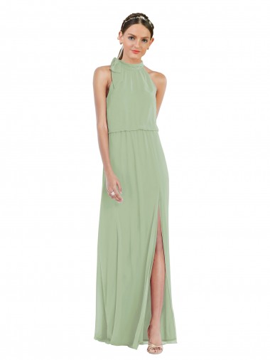 Soft Chiffon High Neck A-Line Smoke Green Semi Formal Evening Dress / Bridesmaid Dress Derby