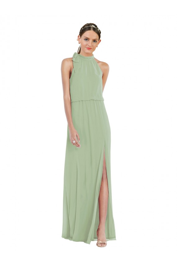 Soft Chiffon High Neck A-Line Smoke Green Semi Formal Evening Dress / Bridesmaid Dress Derby