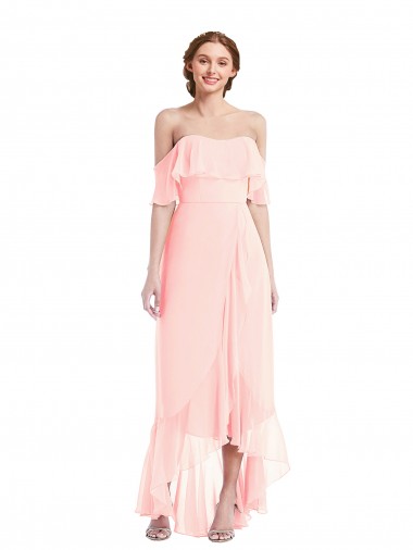 Soft Chiffon Off the Shoulder A-Line Pink High Low Bridesmaid Dress Derby