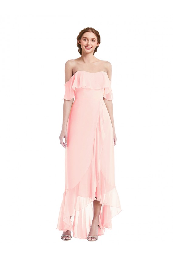 Soft Chiffon Off the Shoulder A-Line Pink High Low Bridesmaid Dress Derby