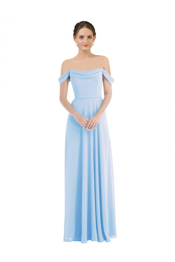Soft Chiffon Off the Shoulder A-Line Light Sky Blue Formal Evening Gown / Bridesmaid Dress Derby