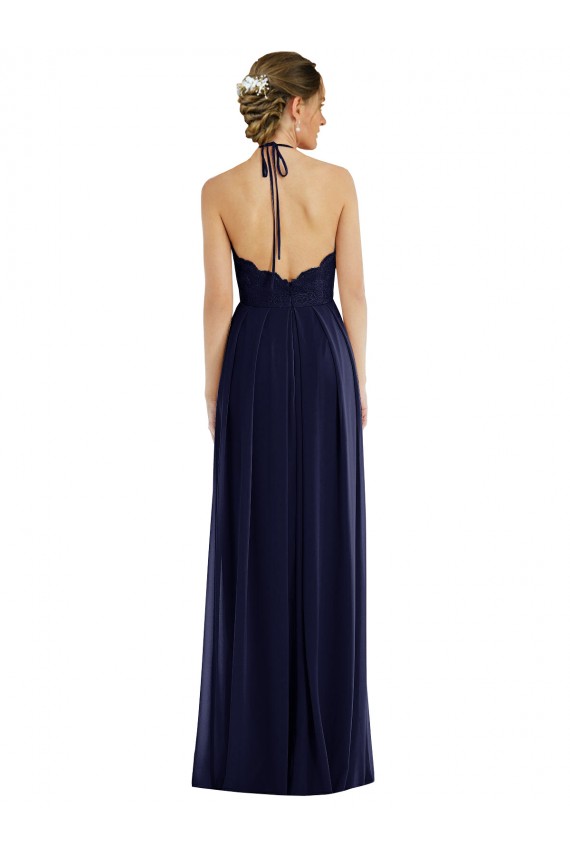 Soft Chiffon Halter Neck Open Back A-Line Dark Navy Semi Formal Evening Dress / Bridesmaid Dress Derby