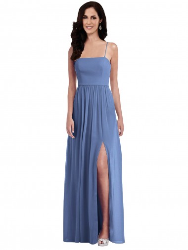 Soft Chiffon Spaghetti Straps Low Back A-Line Windsor Blue Semi Formal Evening Dress / Bridesmaid Dress Derby