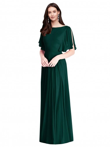 Soft Chiffon Bateau Neck V-Back A-Line Ever Green Semi Formal Evening Dress / Bridesmaid Dress Derby