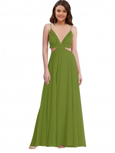 Soft Chiffon V-Neck Open Back A-Line Olive Green Plus Size Evening Gown / Bridesmaid Dress Derby