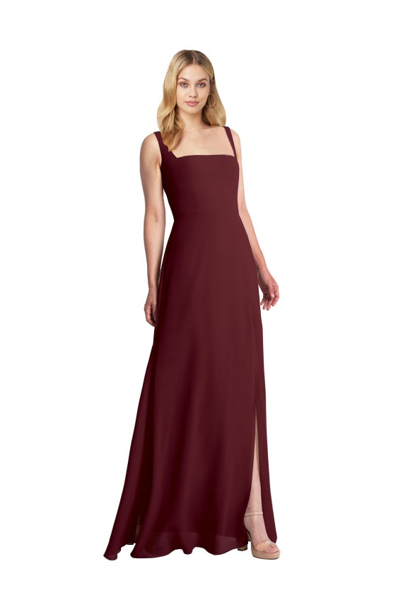 Soft Chiffon Square Neck Low Back A-Line Burgundy Gold Bridesmaid Dress Derby