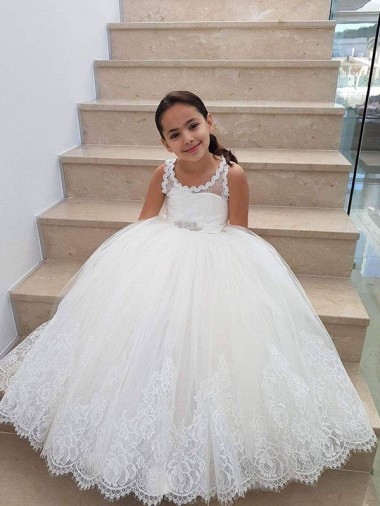 Tulle & Lace High Neck Keyhole Back Ball Gown Ivory Flower Girl Dress for Wedding Derby