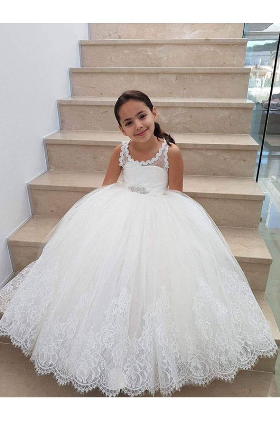 Tulle & Lace High Neck Keyhole Back Ball Gown Ivory Flower Girl Dress for Wedding Derby