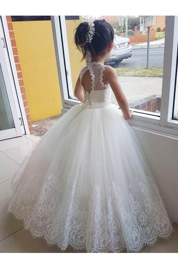 Tulle & Lace High Neck Keyhole Back Ball Gown Ivory Flower Girl Dress for Wedding Derby