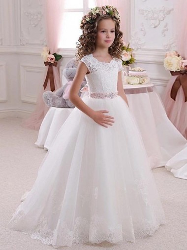 Tulle & Lace High Neck Keyhole Back Ball Gowns Ivory Flower Girl Dress Derby