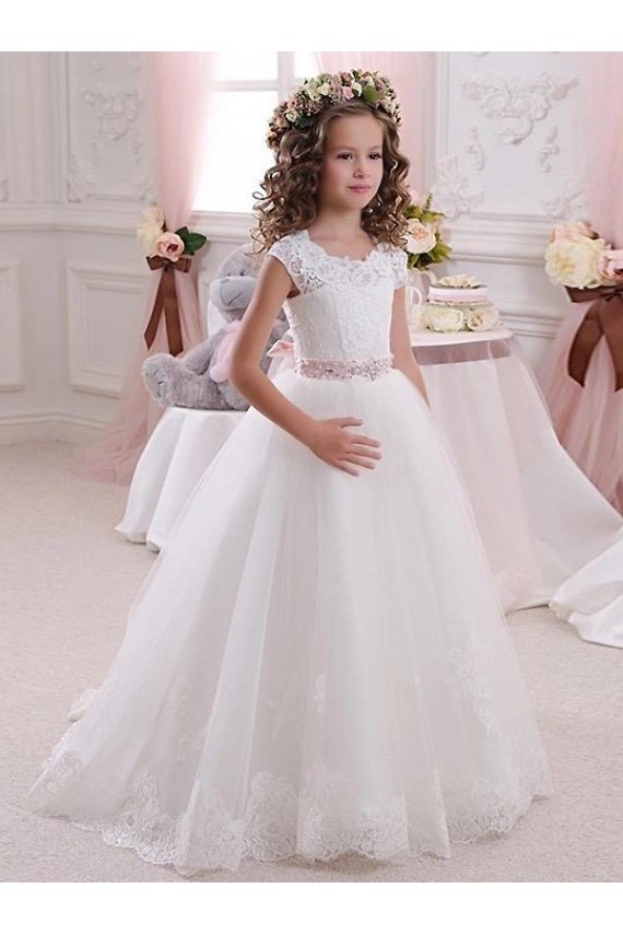 Tulle & Lace High Neck Keyhole Back Ball Gowns Ivory Flower Girl Dress Derby