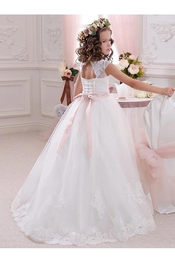 Tulle & Lace High Neck Keyhole Back Ball Gowns Ivory Flower Girl Dress Derby