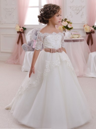 Tulle & Lace High Neck Keyhole Back Ball Gown Ivory Flower Girl Dresses Derby
