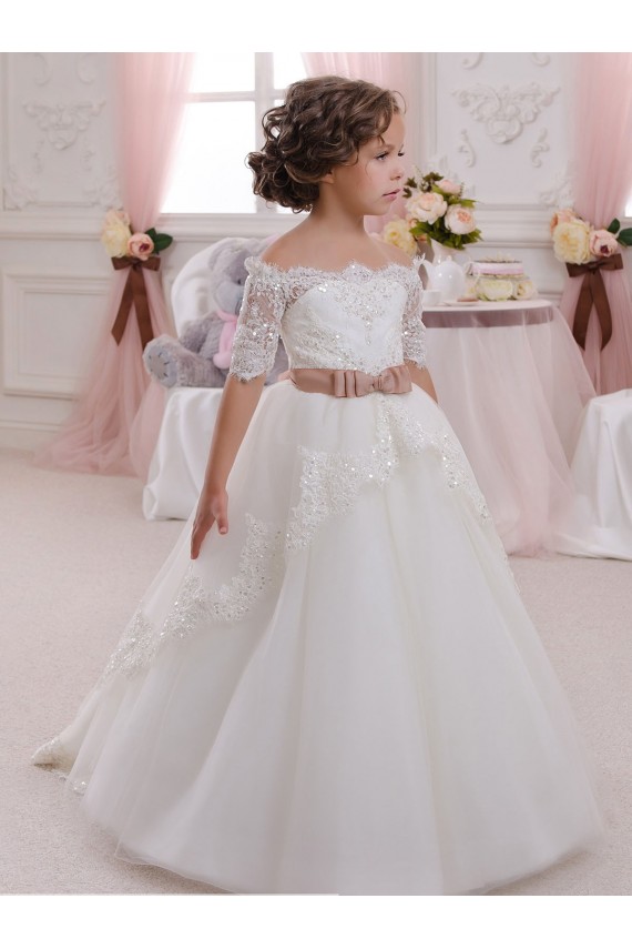 Tulle & Lace High Neck Keyhole Back Ball Gown Ivory Flower Girl Dresses Derby