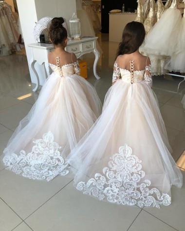 Tulle & Lace Sweetheart Long Sleeves Ball Gown Ivory Little Flower Girl Dress Derby