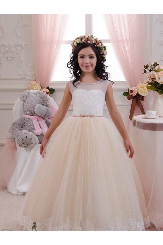 Tulle & Lace Sweetheart Ball Gown Ivory & Champagne Flower Girl Dresses for Wedding Derby