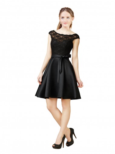 Satin & Lace Illusion Neck V-Back A-Line Black Bridesmaid Dress Derby