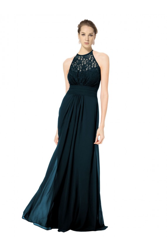 Soft Chiffon & Lace Illusion Neck Keyhole Back A-Line Dark Navy Formal Dress / Bridesmaid Dress Derby