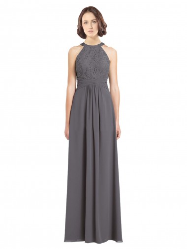 Soft Chiffon & Lace Halter Neck A-Line Stormy Silver Bridesmaid Dress Derby