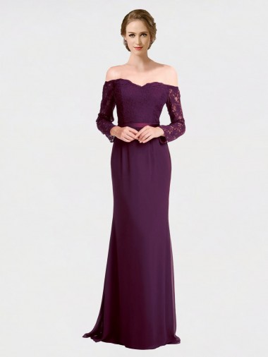 Soft Chiffon & Lace Off the Shoulder Low Back Mermaid Grape Bridesmaid Dress Derby