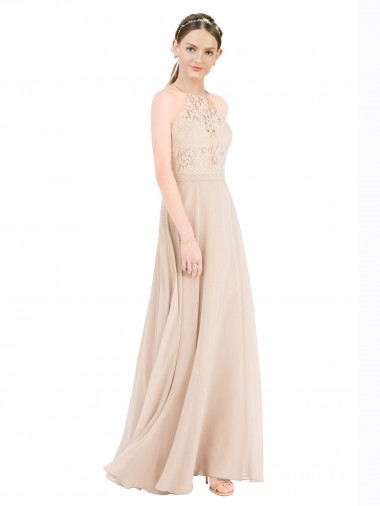 Soft Chiffon & Lace High Neck Keyhole Back A-Line Champagne Prom Dress / Bridesmaid Dress Derby