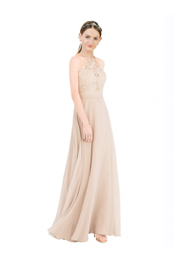 Soft Chiffon & Lace High Neck Keyhole Back A-Line Champagne Prom Dress / Bridesmaid Dress Derby