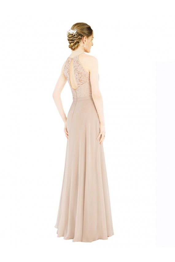 Soft Chiffon & Lace High Neck Keyhole Back A-Line Champagne Prom Dress / Bridesmaid Dress Derby
