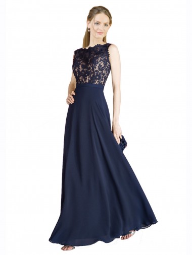 Soft Chiffon & Lace Illusion Neck V-Back A-Line Dark Navy Prom Dress / Bridesmaid Dress Derby