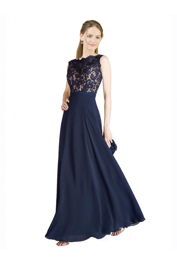 Soft Chiffon & Lace Illusion Neck V-Back A-Line Dark Navy Prom Dress / Bridesmaid Dress Derby