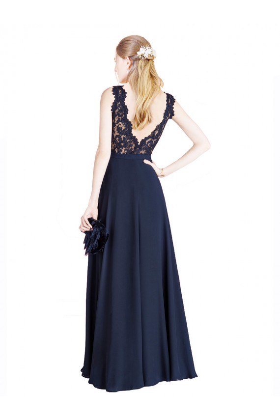 Soft Chiffon & Lace Illusion Neck V-Back A-Line Dark Navy Prom Dress / Bridesmaid Dress Derby