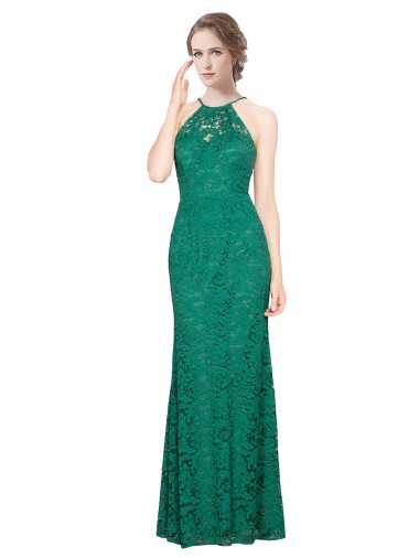 Lace High Neck Low Back Mermaid Dark Green Prom Dress / Bridesmaid Dress Derby