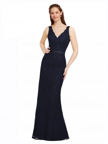 Lace V-Neck Open Back Sheath Dark Navy Bridesmaid Dress Derby