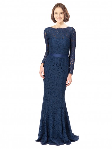 Lace Jewel Neck V-Back Mermaid, Sheath Dark Navy Bridesmaid Dress Derby