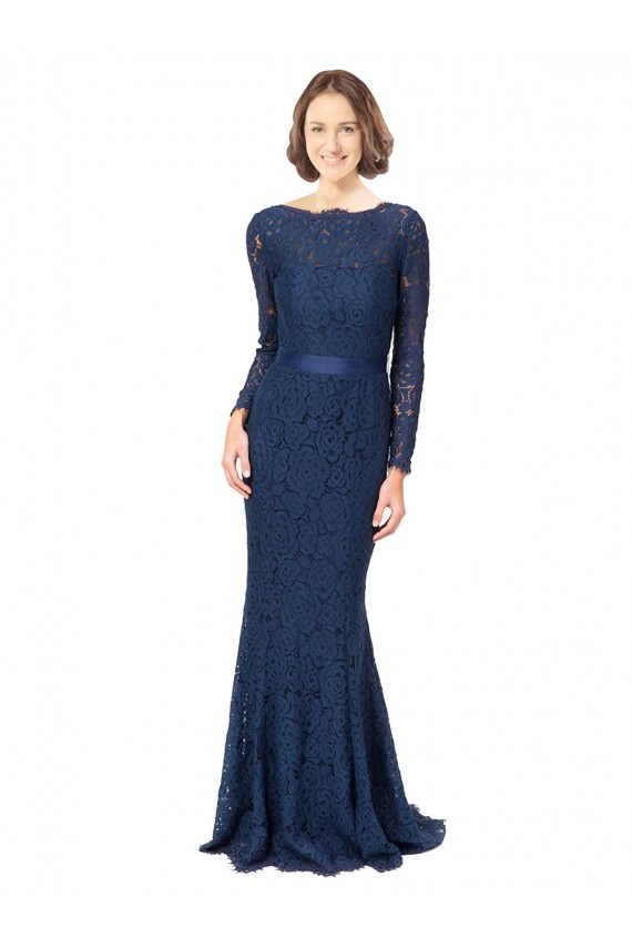 Lace Jewel Neck V-Back Mermaid, Sheath Dark Navy Bridesmaid Dress Derby