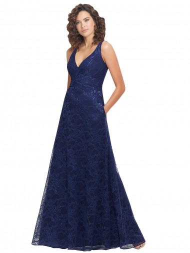 Lace V-Neck Low Back A-Line Dark Navy Bridesmaid Dress Derby