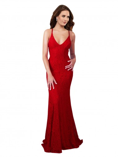 Lace V-Neck Open Back Mermaid Red Formal Dress / Bridesmaid Dress Derby