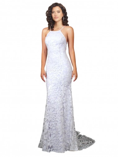 Lace High Neck Open Back Sheath White Wedding Dress Derby