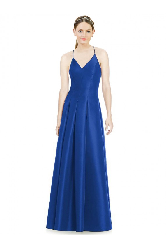 Satin V-Neck Open Back A-Line Royal Blue Bridesmaid Dress Derby