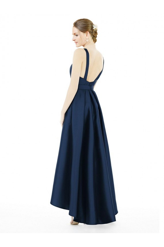 Satin Bateau Neck A-Line Dark Navy High Low Bridesmaid Dress Derby