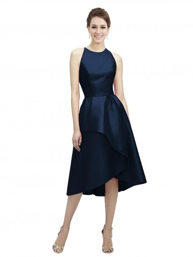 Satin Jewel Neck A-Line Dark Navy High Low Bridesmaid Dress Derby