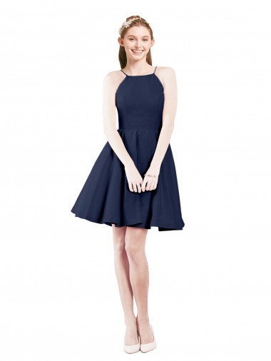 Satin Halter Neck Open Back A-Line Dark Navy Bridesmaid Gown Derby