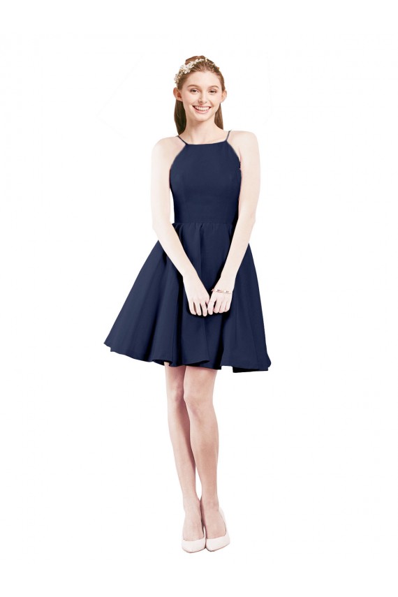 Satin Halter Neck Open Back A-Line Dark Navy Bridesmaid Gown Derby