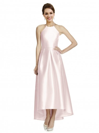 Satin Halter Neck Open Back A-Line Pink High Low Bridesmaid Dress Derby