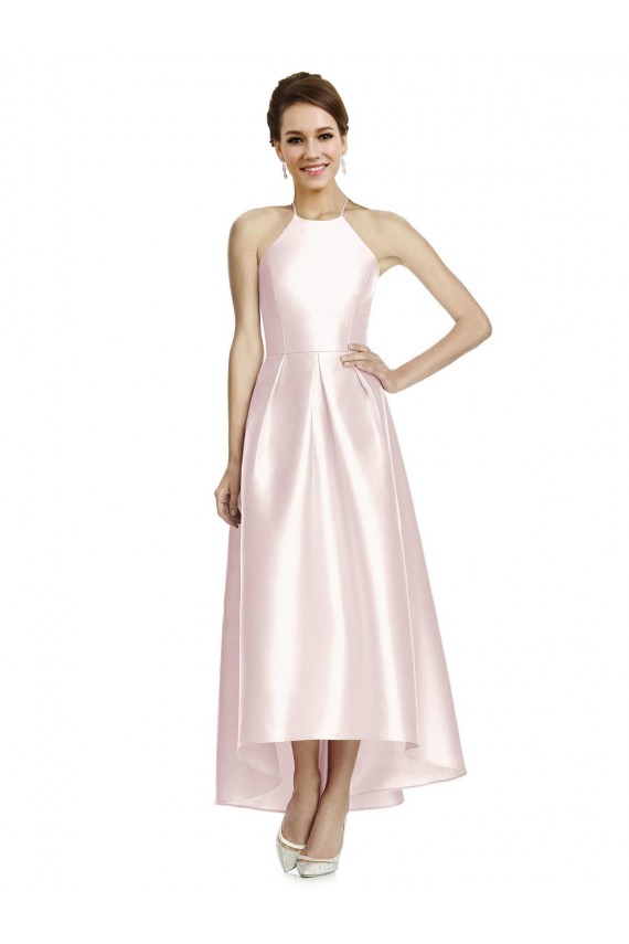 Satin Halter Neck Open Back A-Line Pink High Low Bridesmaid Dress Derby
